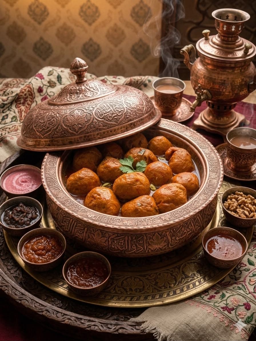 Gushtaba served with condiments and a copper samovar