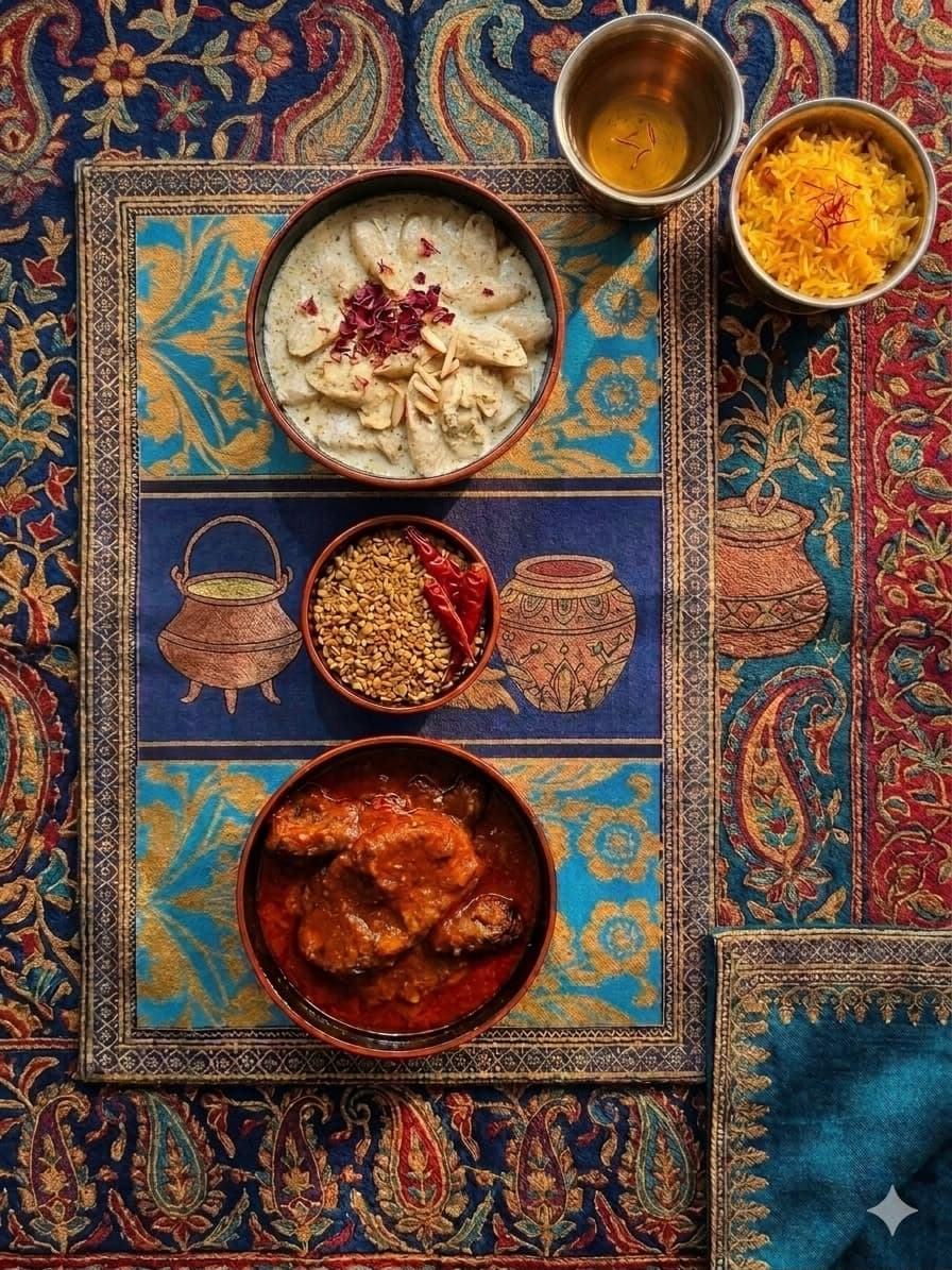 A Kashmiri thali with rogan josh, saffron rice and phirni
