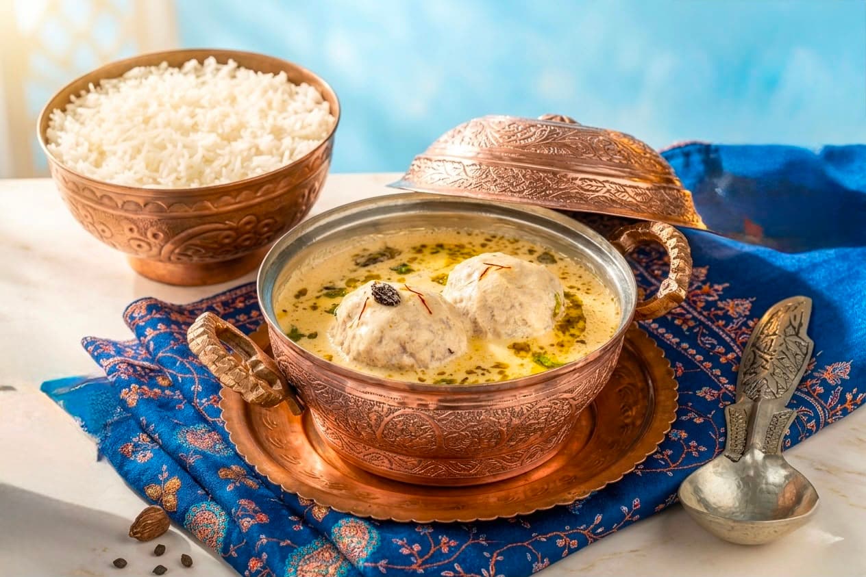 A full Kashmiri Wazwan spread with rice, greens and kebabs