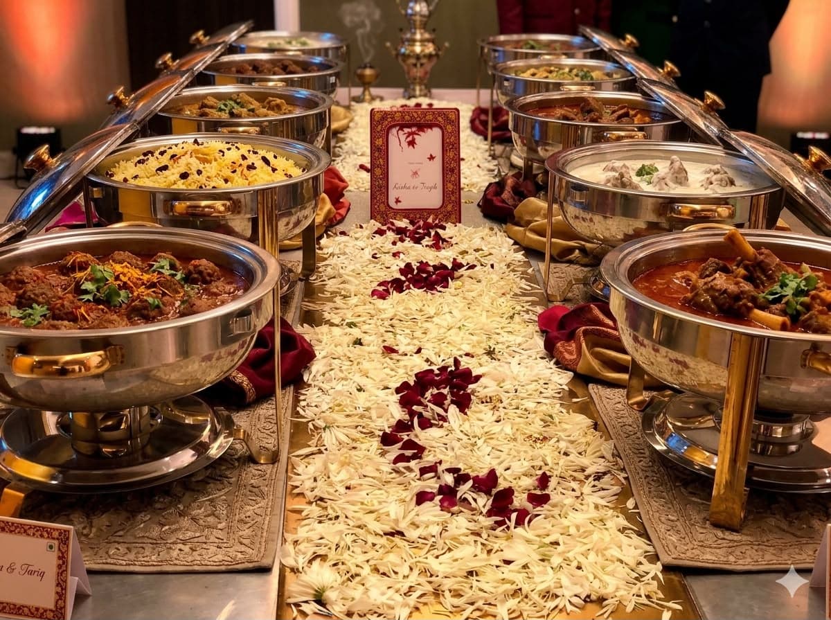 A full Wazwaan catering spread laid out at a wedding celebration